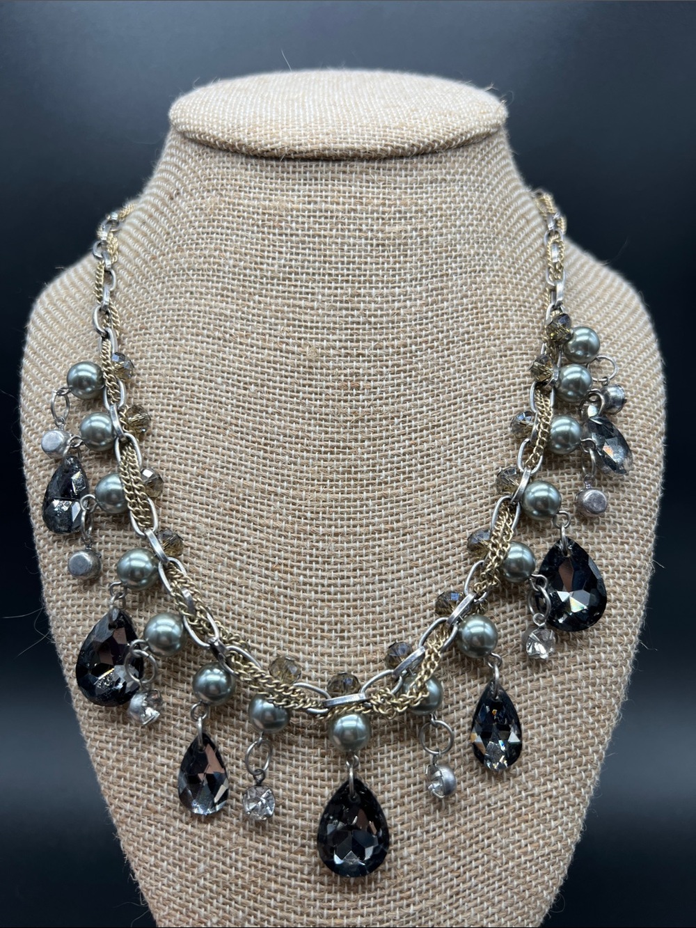 LOFT Smoky Silvery Crystal Statement Necklace Gray Pearl Mixed Metal Bib Golden